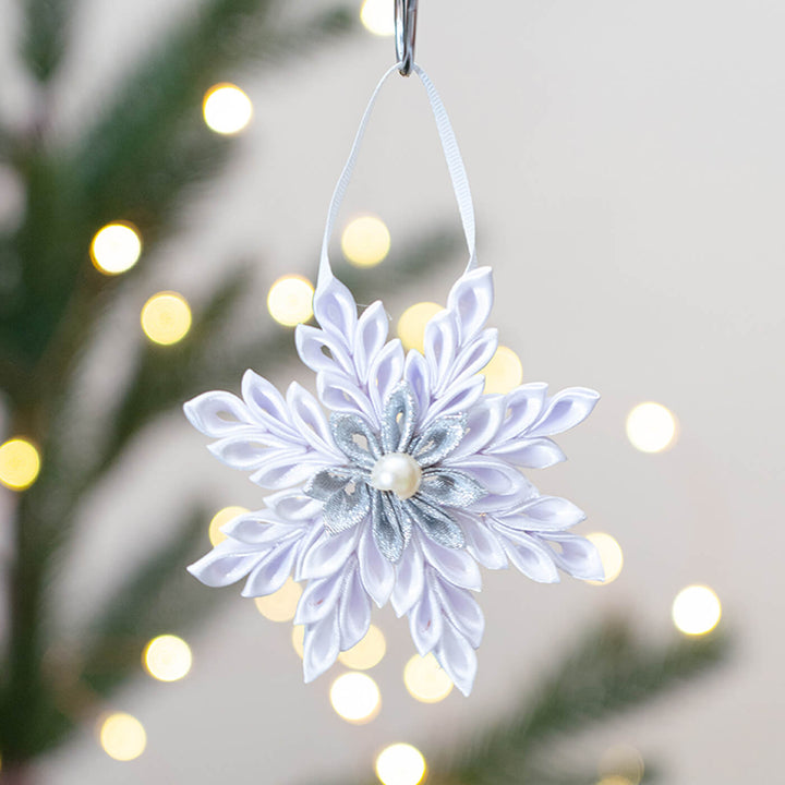 Handmade Silver Snowflake Satin Ribbon Ornaments For Christmas Tree Decoration | Set Of 4