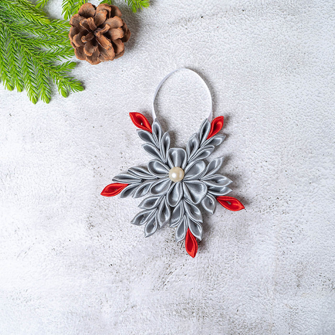 Handmade Silver Snowflake Satin Ribbon Ornaments For Christmas Tree Decoration | Set Of 4