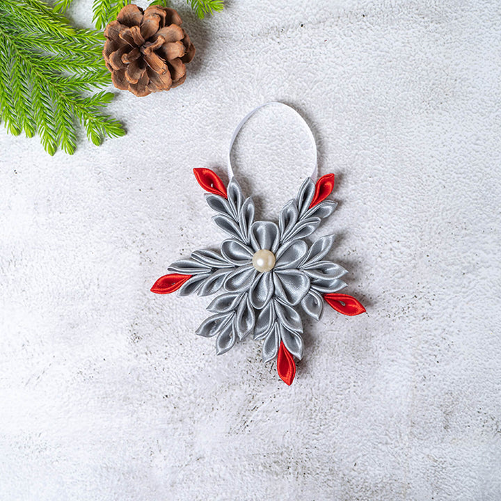 Handmade Silver Snowflake Satin Ribbon Ornaments For Christmas Tree Decoration | Set Of 4
