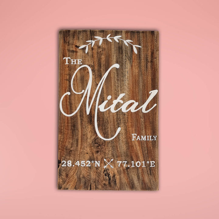 Rustic Wood Hand-painted Family Nameboard with Co-ordinates
