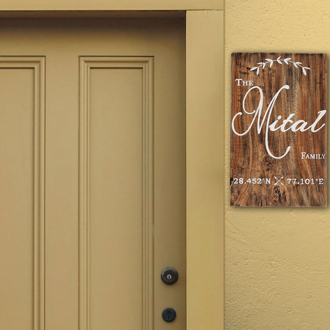 Rustic Wood Hand-painted Family Nameboard with Co-ordinates