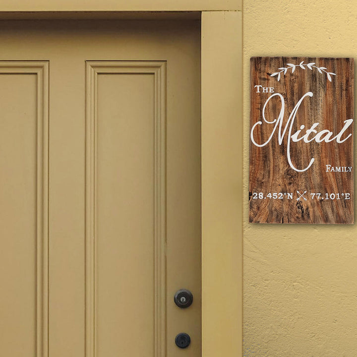 Rustic Wood Hand-painted Family Nameboard with Co-ordinates