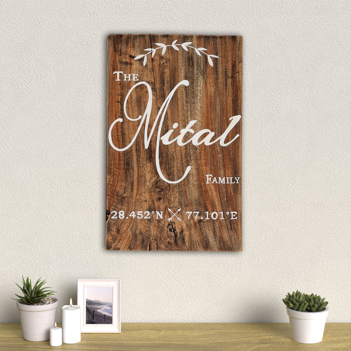 Rustic Wood Hand-painted Family Nameboard with Co-ordinates