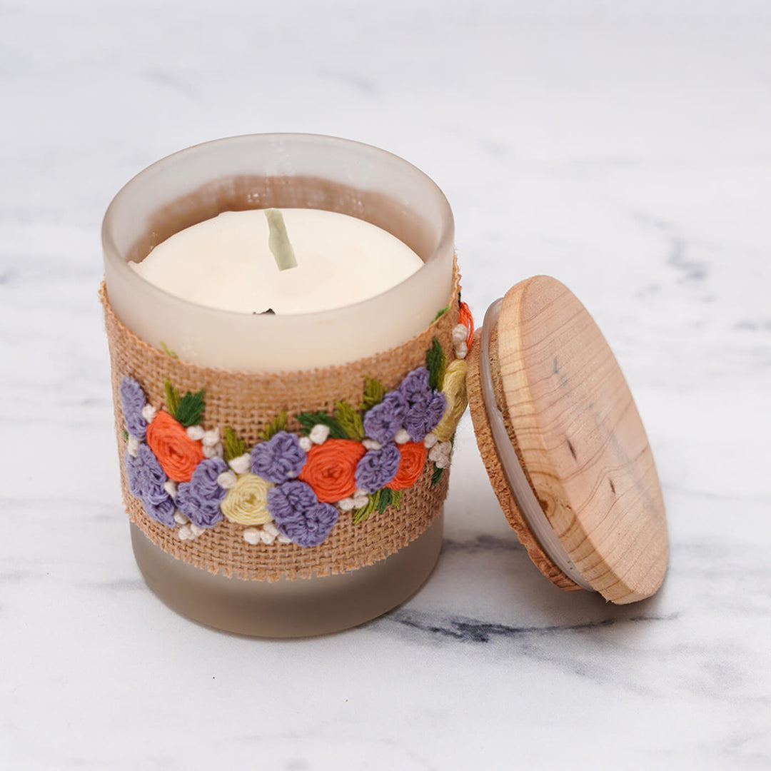 Embroidery Soy Wax Candle Jar with Purple Flowers