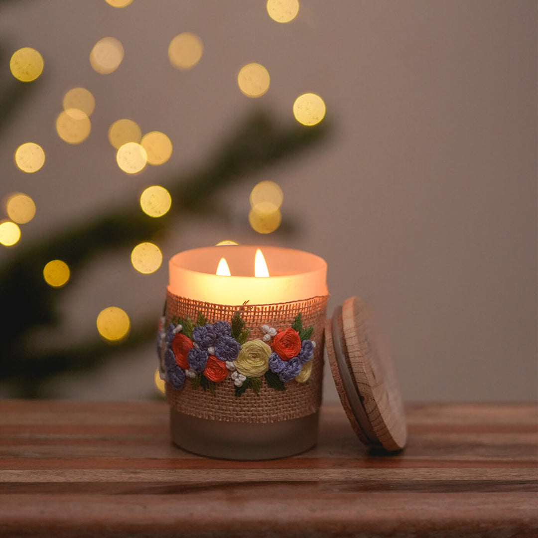 Embroidery Soy Wax Candle Jar with Purple Flowers