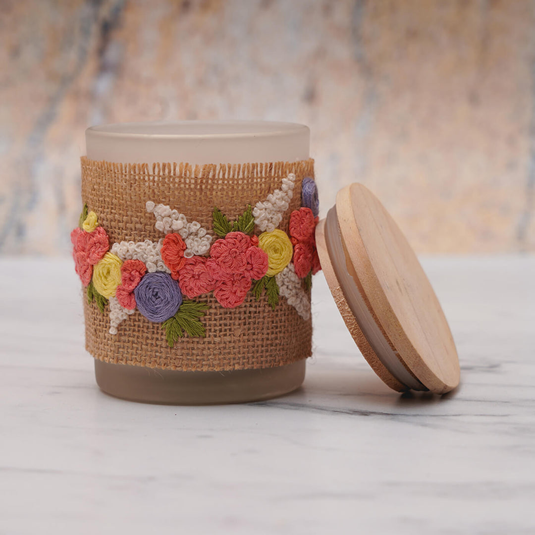 Embroidery Soy Wax Candle Jar with Red Flowers