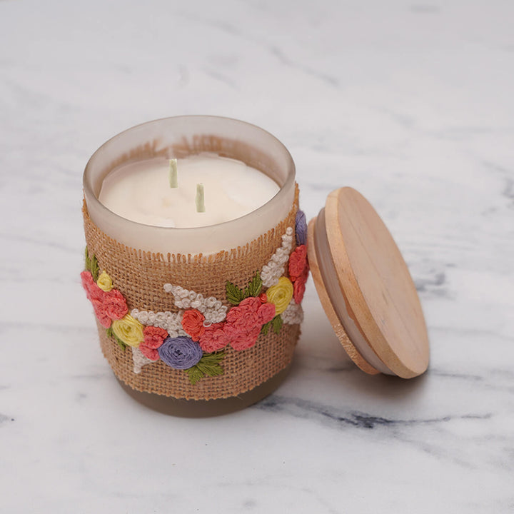 Embroidery Soy Wax Candle Jar with Red Flowers