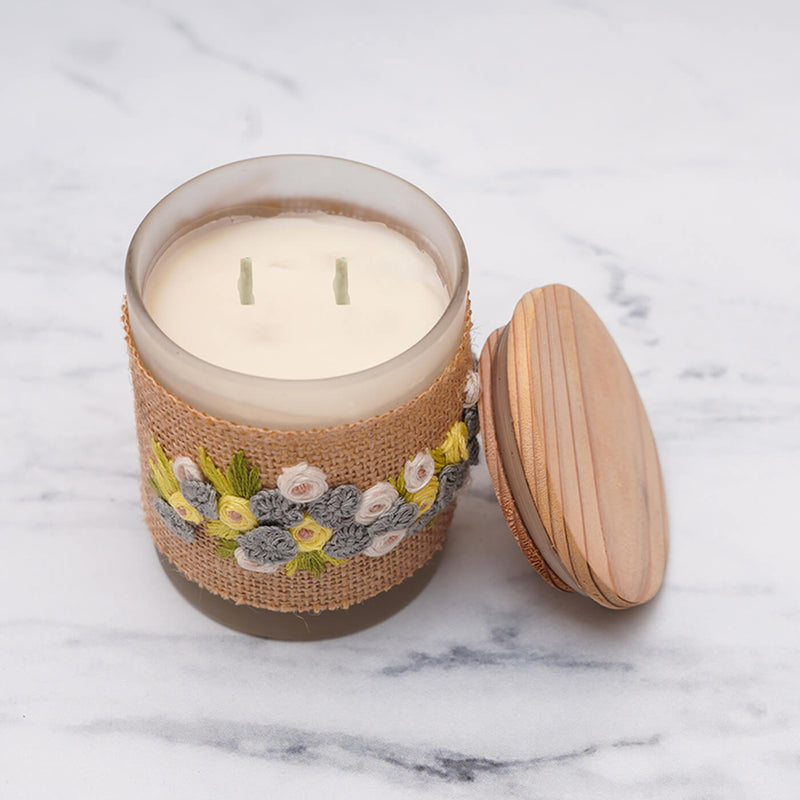 Embroidery Soy Wax Candle Jar with Yellow Flowers