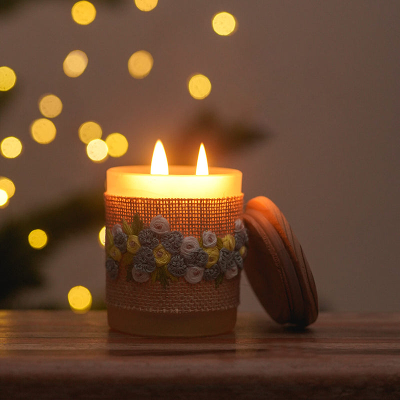 Embroidery Soy Wax Candle Jar with Yellow Flowers
