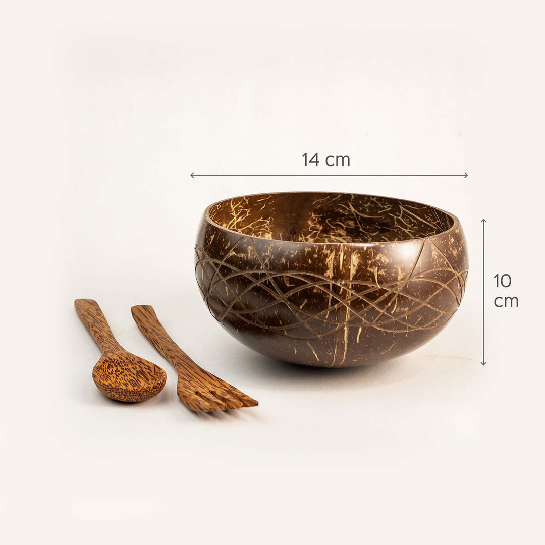Coconut Shell Carved Jumbo Bowl with Spoon and Fork