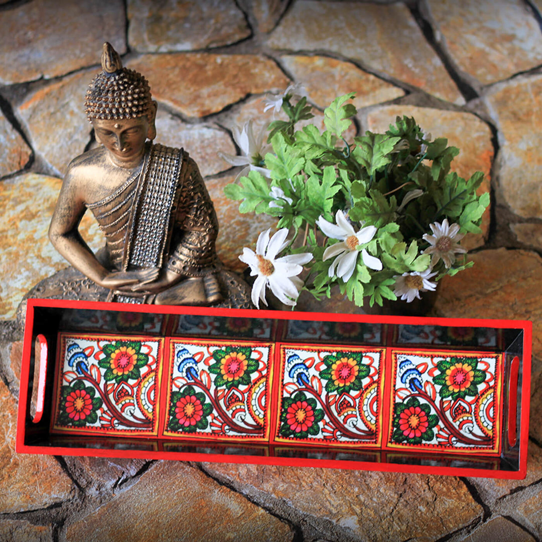 Ethnic Decoupage Tholu Flower MDF Tray - Narrow