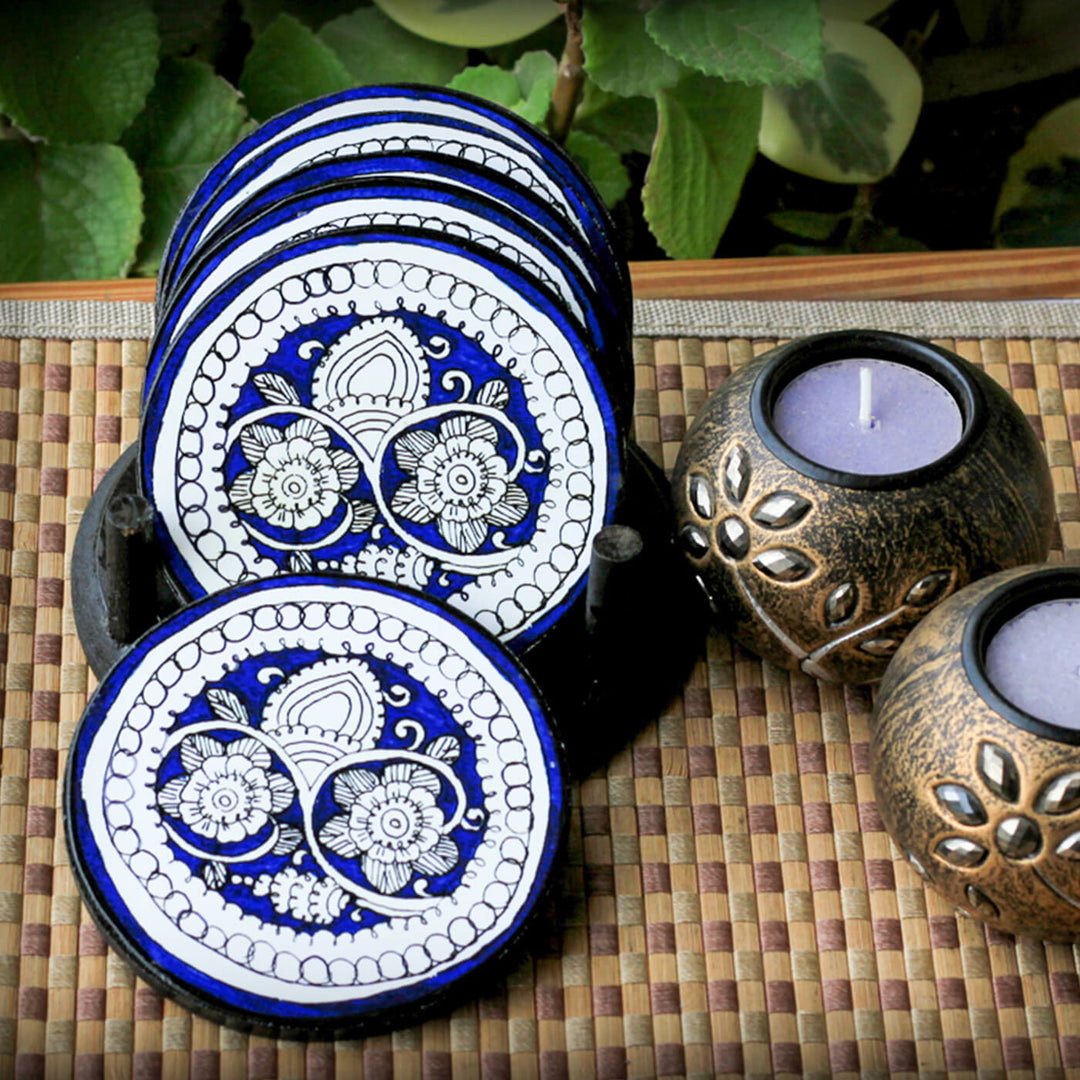 Decoupage MDF Tholu Blue Flower Coasters | Set of 6