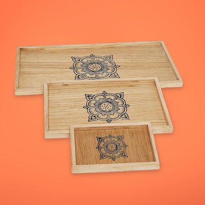 Handmade Pinewood Warli Trays - Set of 3