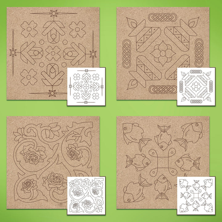 Trial Pack - Rangoli Designs Premarked MDF Square Bases - Set of 4