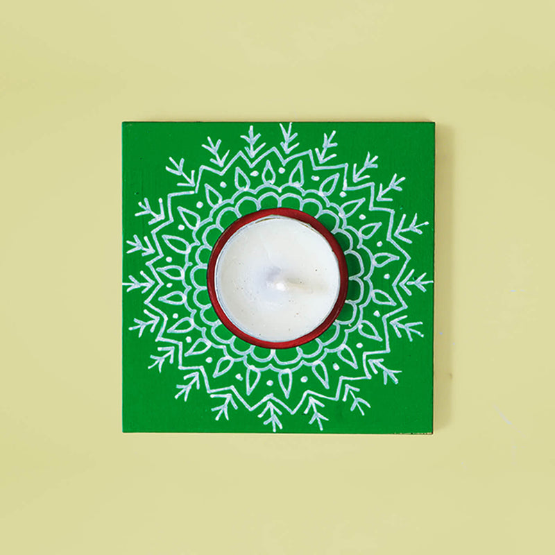 Handpainted Vibrant Green MDF Square Tealight Holder