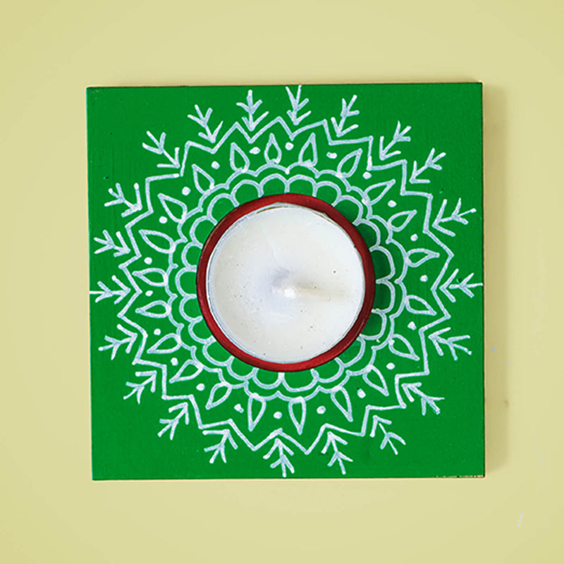 Handpainted Vibrant Green MDF Square Tealight Holder