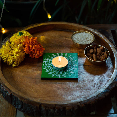 Handpainted Vibrant Green MDF Square Tealight Holder