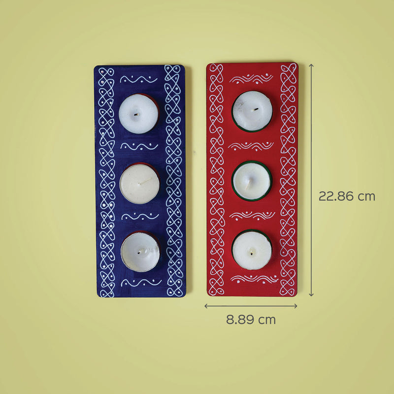 Handpainted Red and Blue MDF Tealight Holders | 3 Candles Each