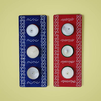 Handpainted Red and Blue MDF Tealight Holders | 3 Candles Each