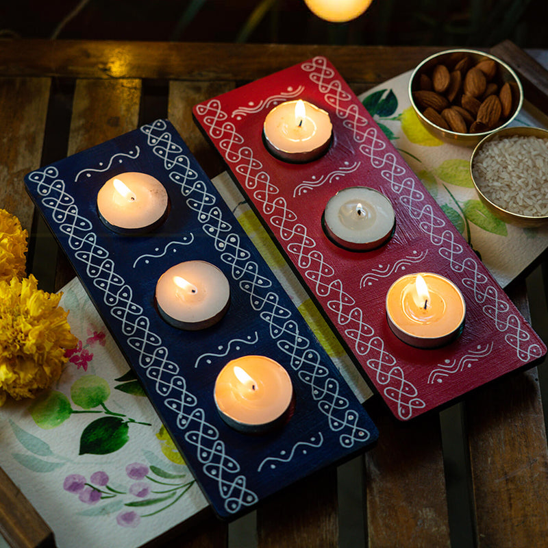 Handpainted Red and Blue MDF Tealight Holders | 3 Candles Each