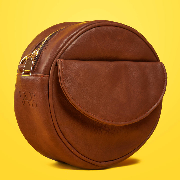 Handcrafted Faux Leather Curvy Brunette Round Sling Bag - Zwende