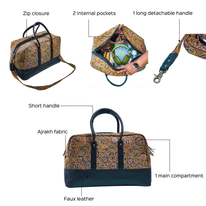 Ajrakh & Faux Leather Duffel Bag