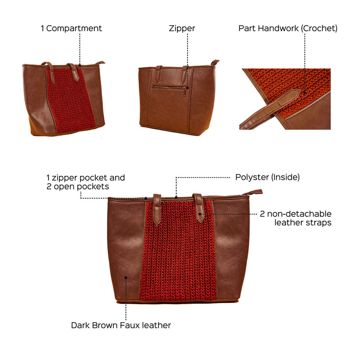 Handcrafted Faux Leather French Russet Straight Cut Tote Bag - Zwende