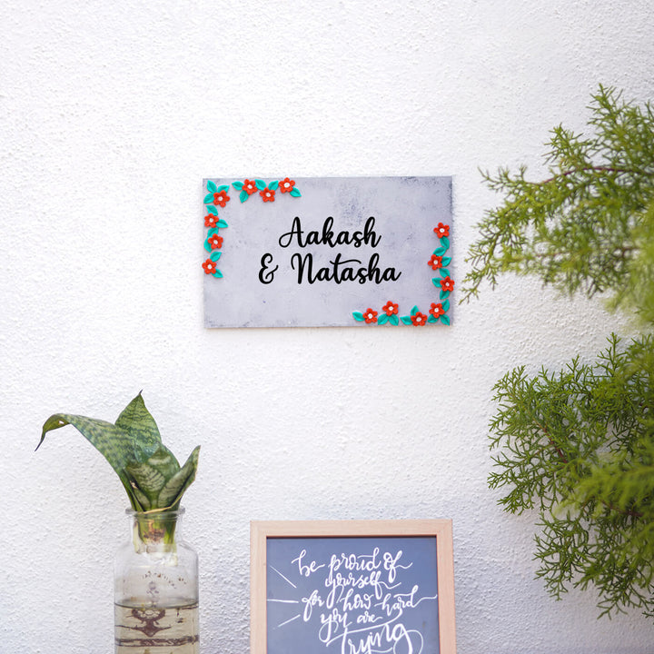 Clay Nameplate for Couples - Red & Green Florals