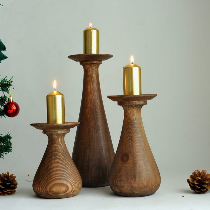 Hand Moulded Rubberwood Quoit Candle Holders - Set of 3