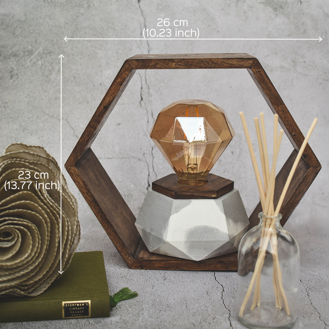Handcrafted Concrete Hexagonal Wooden Frame LED Lamp With Edison Bulb