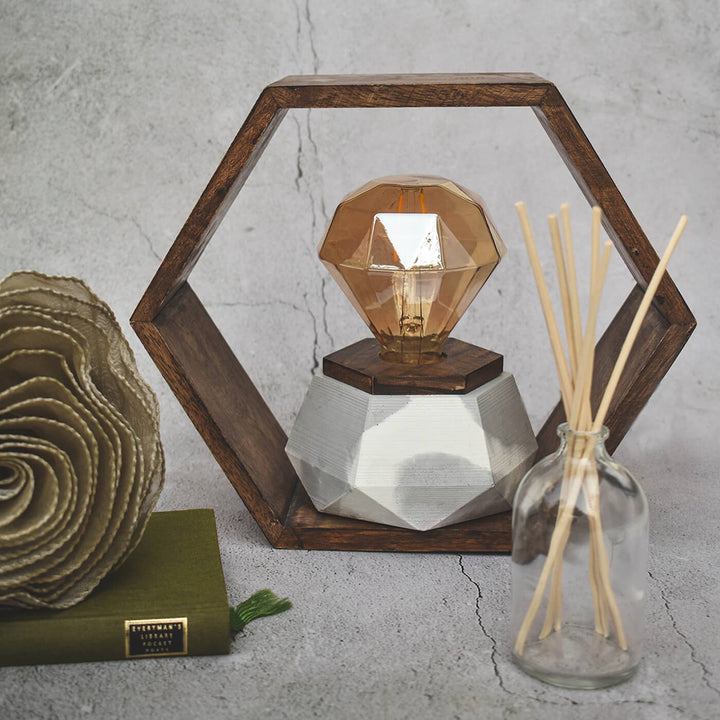 Handcrafted Concrete Hexagonal Wooden Frame LED Lamp With Edison Bulb