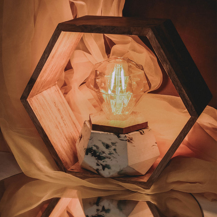 Handcrafted Concrete Hexagonal Wooden Frame LED Lamp With Edison Bulb