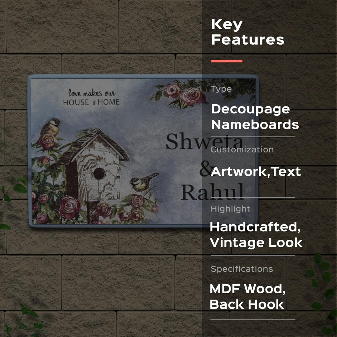Decoupage Rectangle Couple Name Board with Hut Artwork