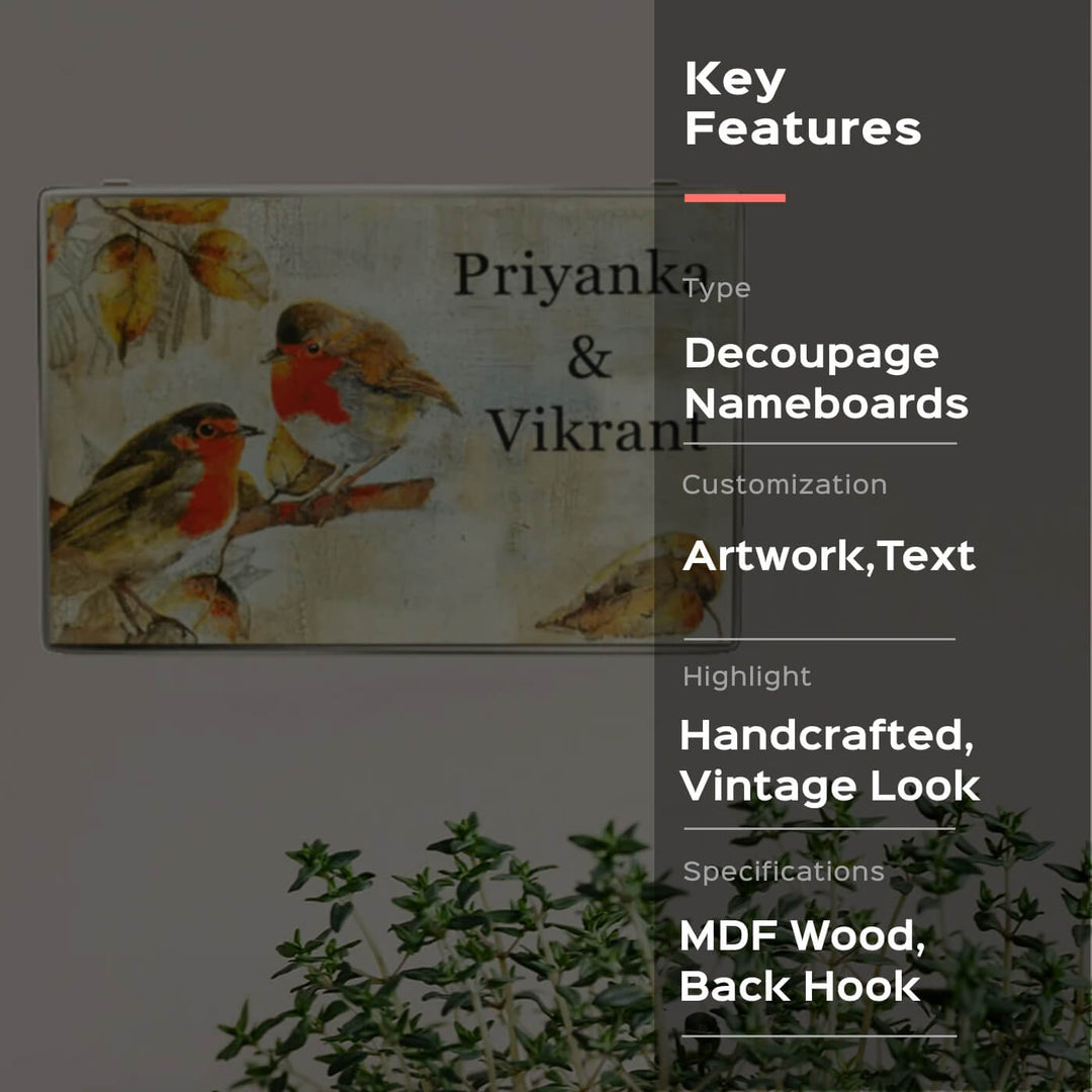 Decoupage Rectangle Couple Name Board with Birds Artwork