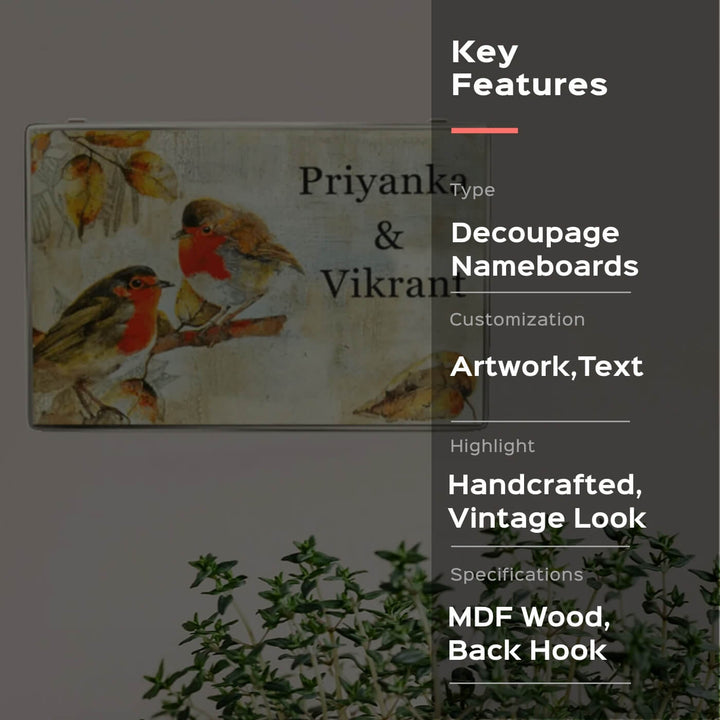 Decoupage Rectangle Couple Name Board with Birds Artwork