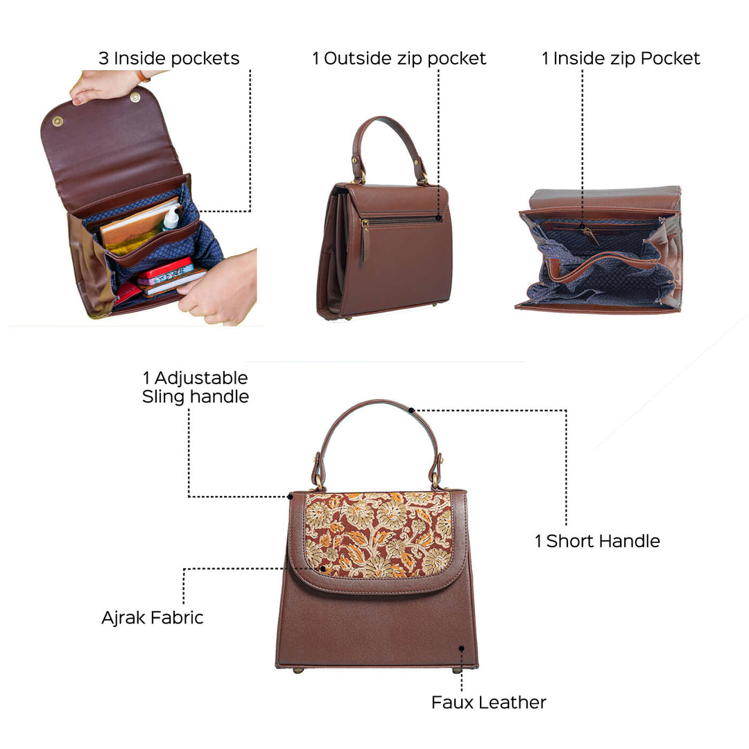 Brown Kalamkari & Faux Leather Bag