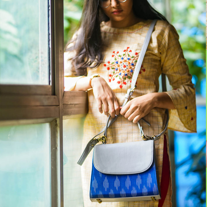 Blue Ikat & Faux Leather Sling Bag