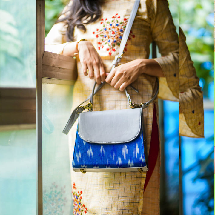 Blue Ikat & Faux Leather Sling Bag