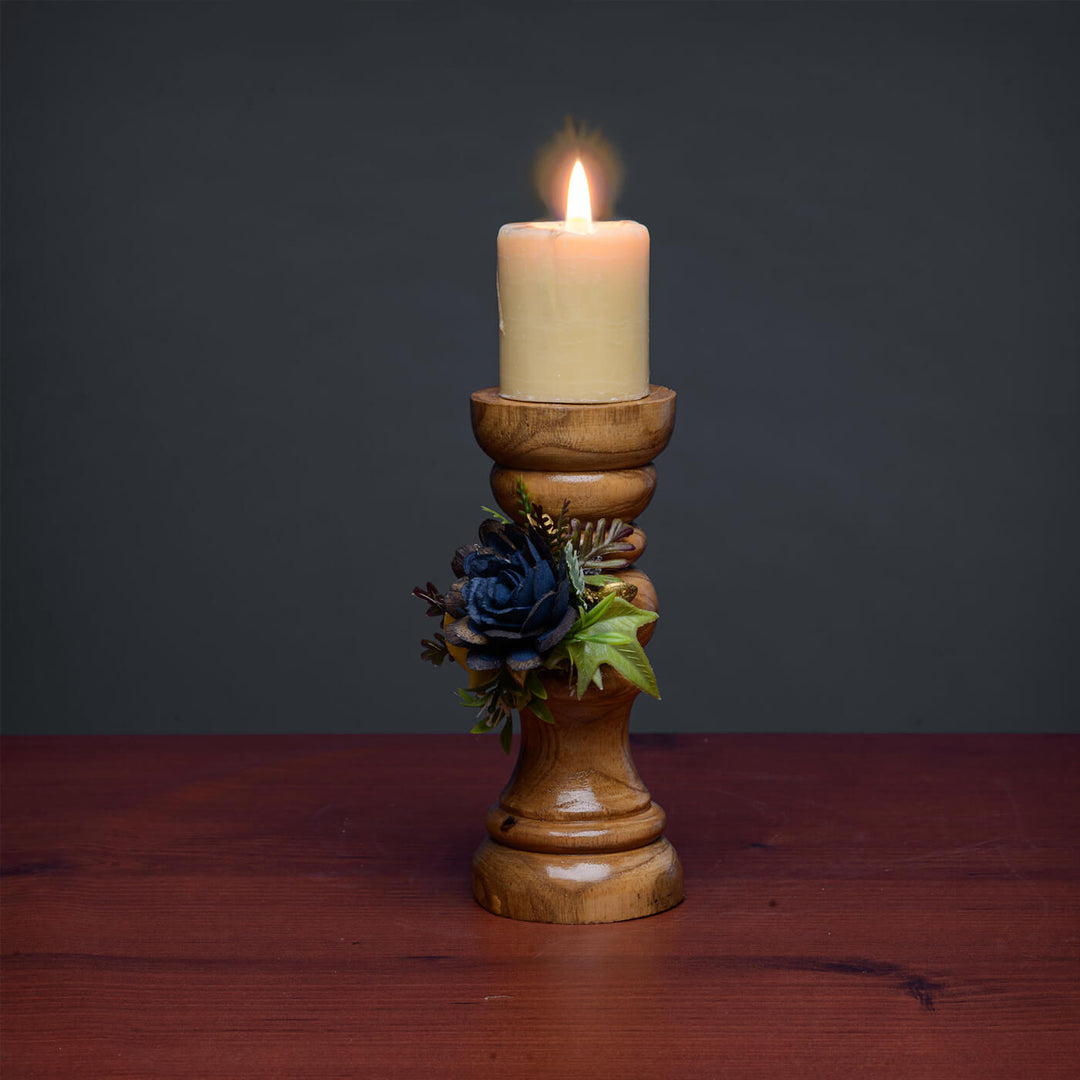Zia Wooden Candle Holder with Sola Wood Floral Arrangement