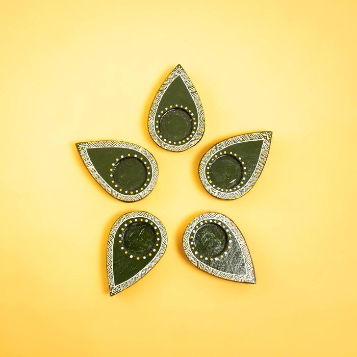 Set of 5 Aipan Hand-painted Wooden Candles - Green