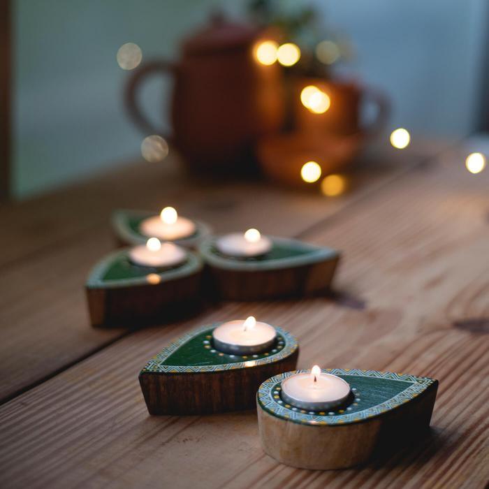 Set of 5 Aipan Hand-painted Wooden Candles - Green
