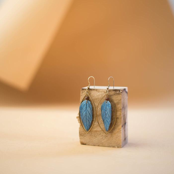 Papier Mache Magnolia Leaf Earrings - Blue - Zwende