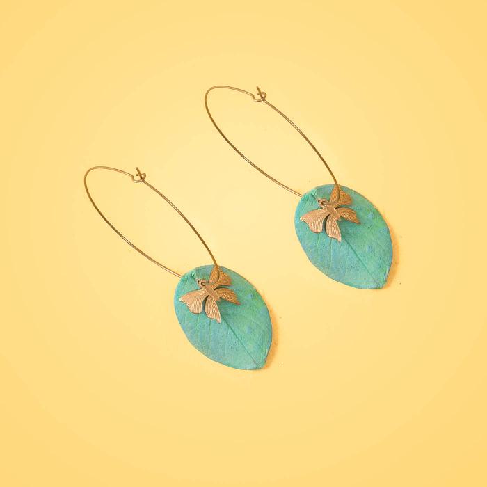 Papier Mache Cordate Butterfly Earrings - Green