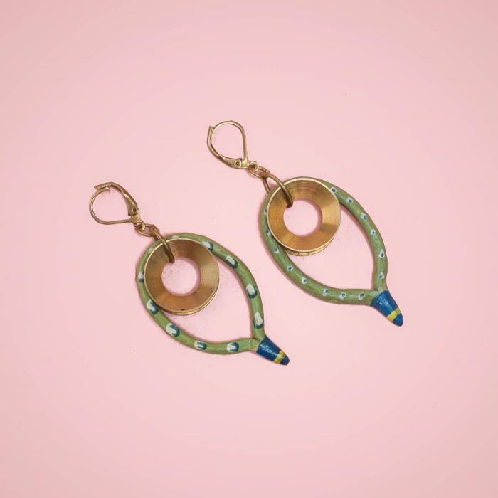 Papier Mache Hollow Leaf Earrings - Green