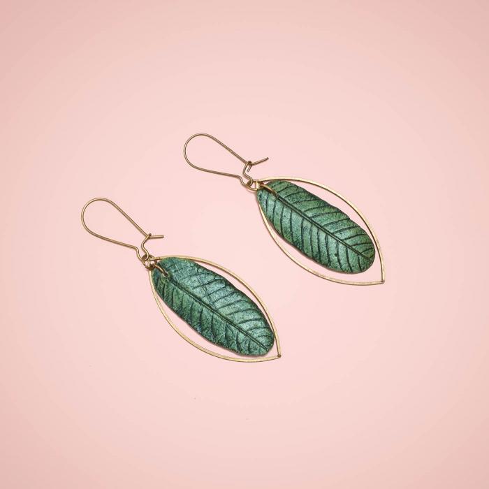 Papier Mache Oblong Leaf Earrings - Green