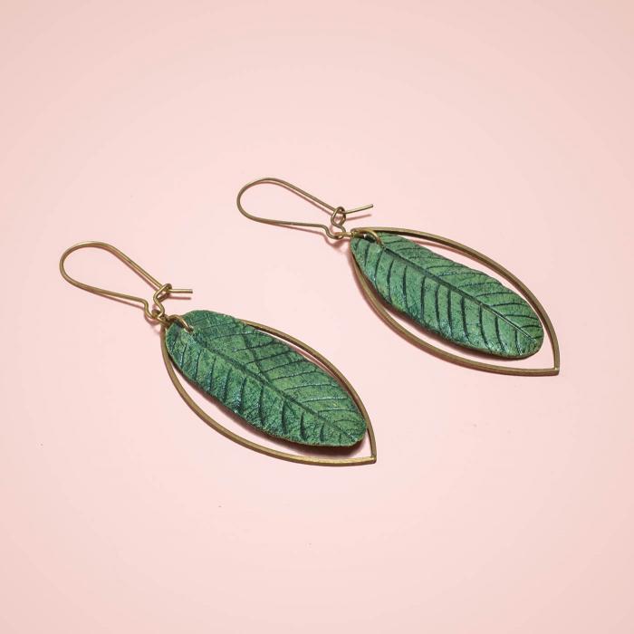 Papier Mache Oblong Leaf Earrings - Green