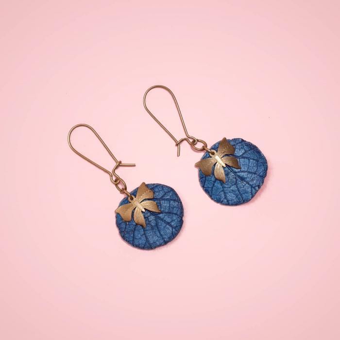 Papier Mache Orbicular Butterfly Earrings - Blue - Zwende