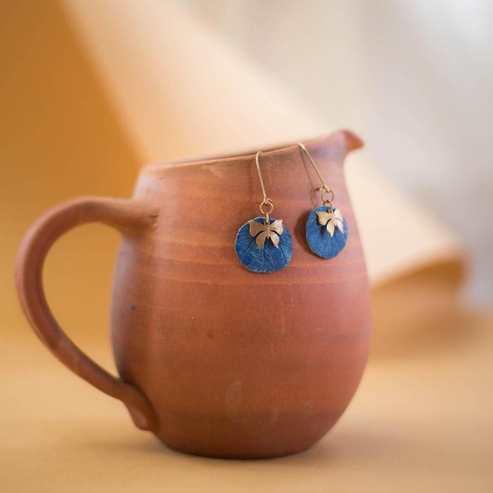 Papier Mache Orbicular Butterfly Earrings - Blue - Zwende