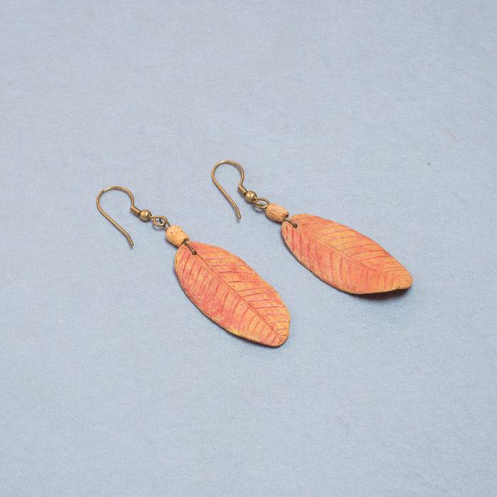 Papier-Mache Earrings - Oblong Leaf - Orange
