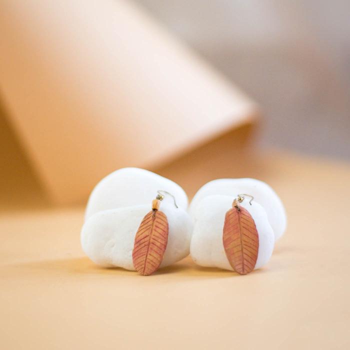 Papier-Mache Earrings - Oblong Leaf - Orange